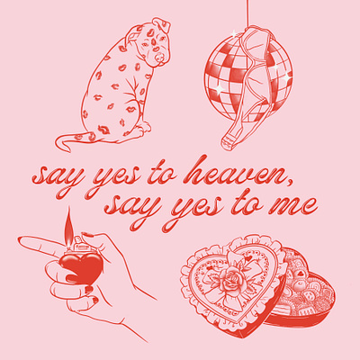 say yes to heaven bra chocolate heart box disco ball dog flash flash sheet hand drawn type heart illustration kiss kisses lighter love lover pink pit bull quote red tattoo valentines day