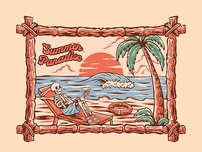 Vintage Retro Skeleton Enjoying Summer Paradise at The Beach branding design graphic design illustration logo mountain nature vector