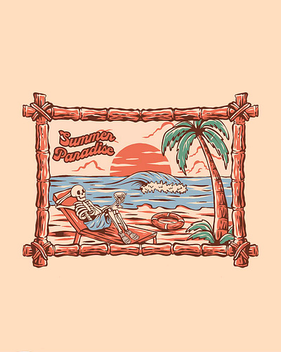 Vintage Retro Skeleton Enjoying Summer Paradise at The Beach branding design graphic design illustration logo mountain nature vector