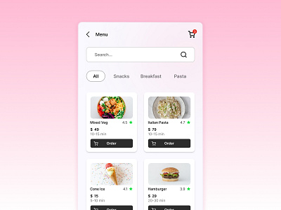 Food menu UI for mobile