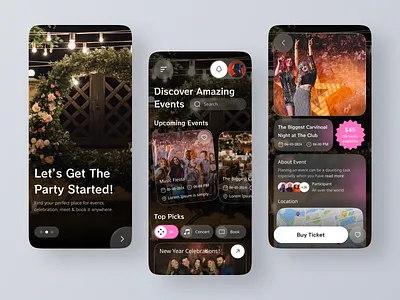 Musical Events App | AR | Event Management | Party Event app ui booking branding calendar clean dark dark ui event event app event booking event management event planning experience design interface design management app management system meeting schedule ui ux