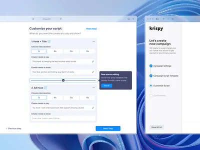 Krispy. Campaign Creation Page. admin panel app design campaign creation candidate daily ui dashboard design desktop app ios job search platform product design script creation ui uiux userexperience userinterface ux video creation webdesign