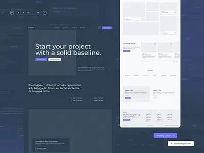Baseline wireframe kit available on UI8. UI / UX carousel components cta dark mode figma for sale hero homepage light mode nested instances pagination purple ui ux wireframe wireframe kit wireframekit