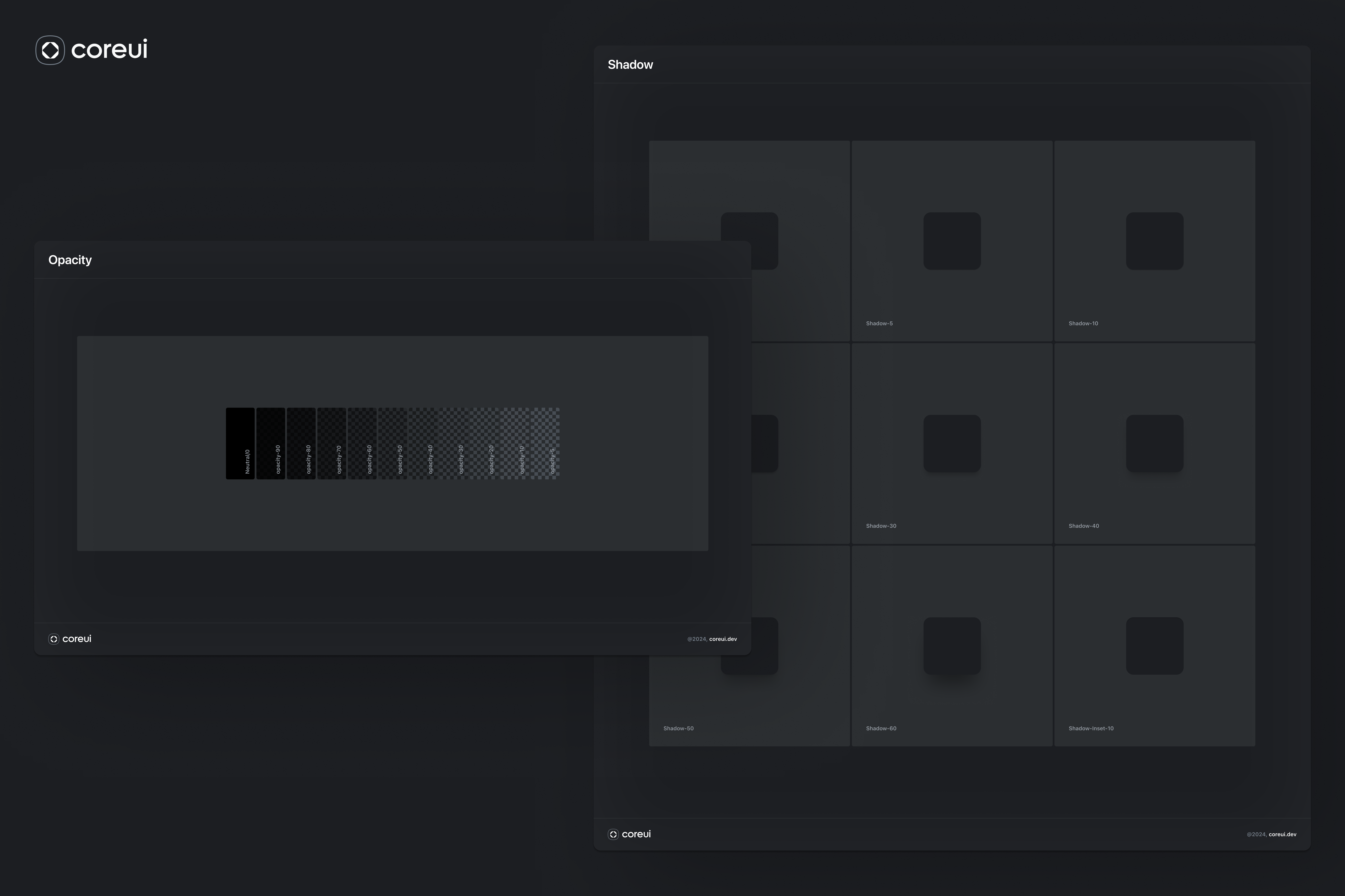 CoreUI ・Opacity + Shadows codesign coreicon coreui dark designsystem designtokens figma foundation light primitives productdesign uidesign uikit ukraine utility uxui