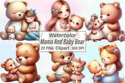 Watercolor Mama And Baby Bear Clipart family clipart