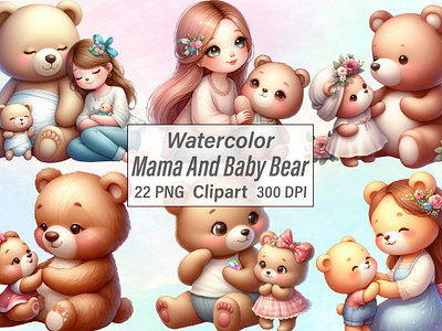 Watercolor Mama And Baby Bear Clipart family clipart