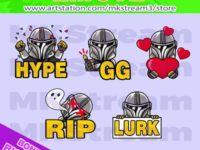 Twitch emotes star wars boba fett rip, gg, lurk, love & hype animated emotes anime cute design emote emotes gg hype illustration love lurk mandalorian mandalorian emotes mando rip star wars star wars emotes starwars sub badge twitch emotes