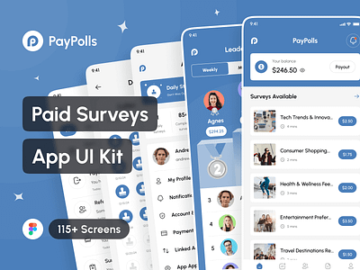 PayPolls - Paid Surveys App UI Kit app app design application cash rewards app design design system figma interface loyalty app mobile mobile app mockup paid opinion app paid surveys app portfolio template ui ui design ui kit uiux