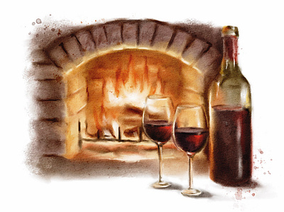 Realistic Book Illustration artwork book illustration design digital art digital illustration digital painting digital watercolor drawing fireplace illustration nature morte objects still life watercolor watercolor art wine art