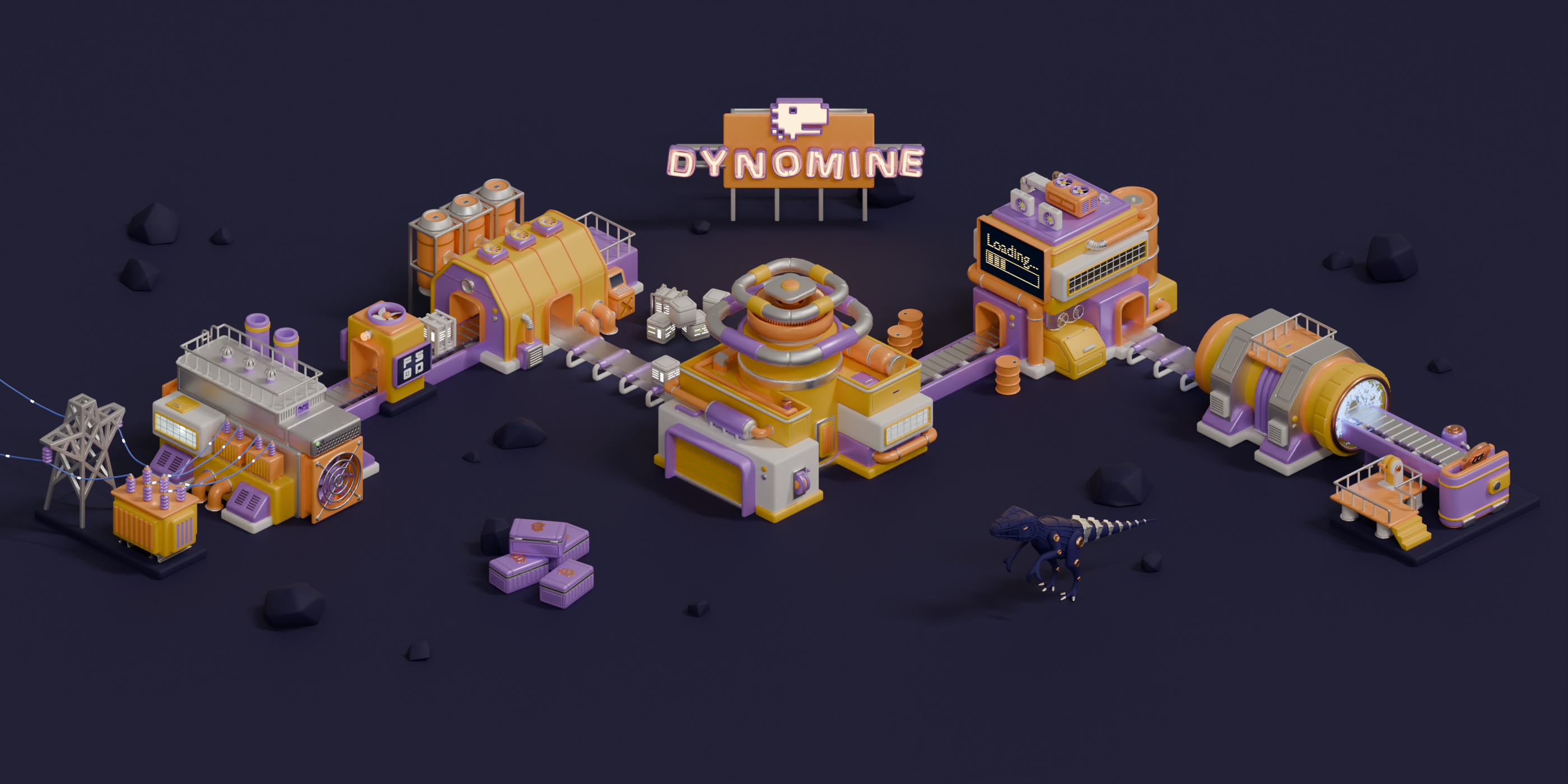 Dynomine crypto factory 3d 3dart bitcoin blender cinema3d coin conveyor crypto dinosaur dynosaour factory isometric mining set ui web