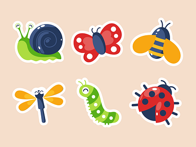 Spring Animals Illustration 🐞 animals bee butterfly caterpillar cute dragonfly icon illustration insect kid ladybug set snail spring worm