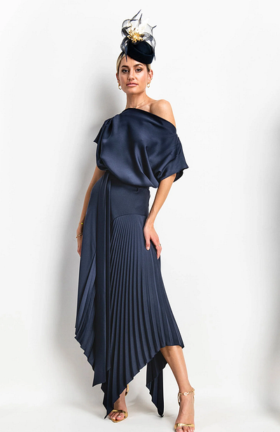 Kevan Jon Mila Pleat Knee Navy motherofbrideoutfits motherofbrides motherofgroomoutfits ocassionwear