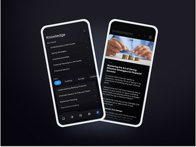 Banking App - Knowledge app article banking app credit score dark theme design filter financial security investments ios knowledge list mobile app savings topics ui user experience user interface ux