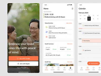 Tuwa: Elder healthcare mobile app calendar clean digital health app ehealth app elder health care health app health care app health tech medical app medical technology minimal minimalist mobile app design modern patient care app product design simple ui ux wellness