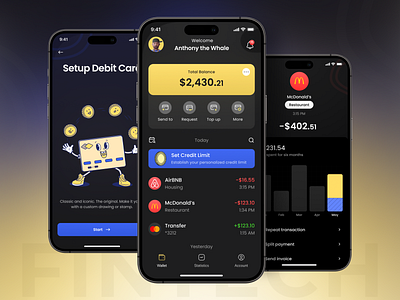 Finance Mobile App | Fintech app bank blue card dark fiat finance financial fintech funds investment management mobile money payment trading transaction ui ux yellow