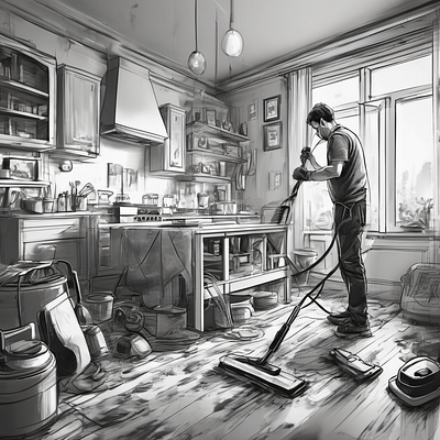 Man Cleaning Floor: Digital art with Black and with color carpet cleaning dry carpet cleaning home carpet cleaning illustration office carpet cleaning rug cleaning south brisbane carpet cleaning