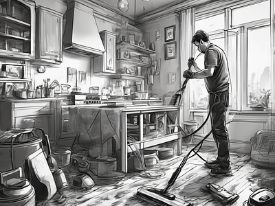 Man Cleaning Floor: Digital art with Black and with color carpet cleaning dry carpet cleaning home carpet cleaning illustration office carpet cleaning rug cleaning south brisbane carpet cleaning