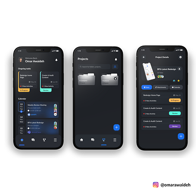 Project Management Mobile App appdesign dark mode ui uxdesign