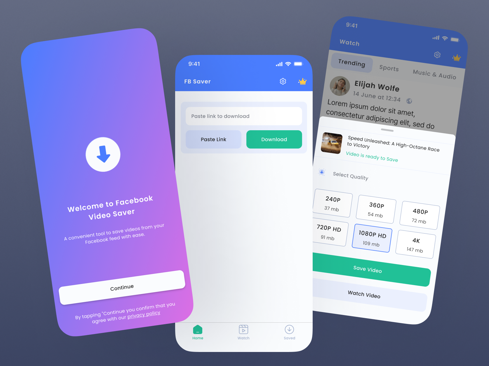Facebook Video Downloader App UI Design 1080p 720p blue and green blue ui explore facebook facebook redesign facebook video downloader how to use splash screen trend video downloader