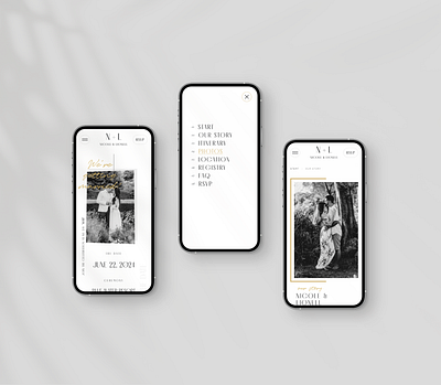 Classic Minimal Wedding Website - mobile view clean dark gold gray invitation minimal mobie wedding invite responsive template theme ui ux wedding wedding website