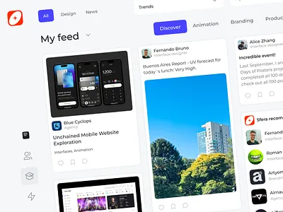 Sfera - Multitasking platform for designers b2b b2c card dashboard design feed menu news news feed plarform posting publish recomendations saas search bar signin signup ui work