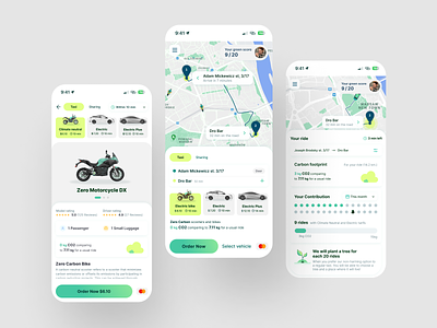 Green Transport Mobile App achievement car rent car sharing carbon footprint eco gamification green green energy green transport mobile taxi ui ux vehicle