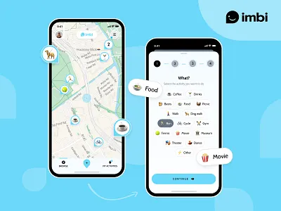 The flow creation of the activity | imbi activities app dev app development applicationdevelopment blue branding case study emotions logotype map meetings mobile app pin social startup uiux