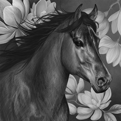Horse Drawing with flowers blackandwhite horse illustration