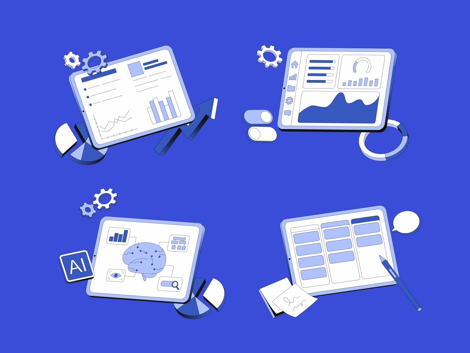 Technological animations 2d analytics animation blue brain clow corporate fake 3d illustration infographic kanban board levitation motion graphics objects perspective pie chart shadule simple statictics tablet