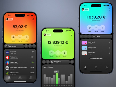 Online banking app concept app app concept app design bank banking app cards colourful concept design design concept gradient home screen mobile app mobile bank payments typography ui ui design uiux ux