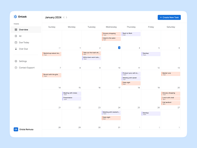 Ontask -Task Management blue ui blue web calendar dashboard management task web app web design