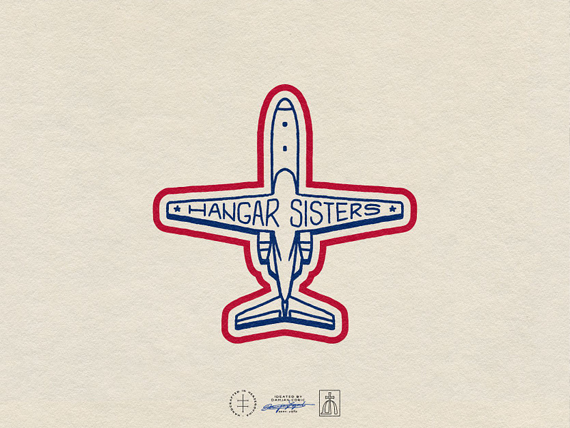 Hangar Sisters airplane american blue brand design brand identity branding branding design hand lettering illustrator lettering logo logo design playful red retro sticker typography usa vintage visual identity