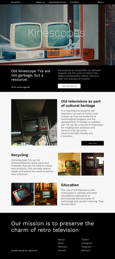 Landing page of the social agenda about retro TVs design figma kinescope landing retro social social agenda ui web page
