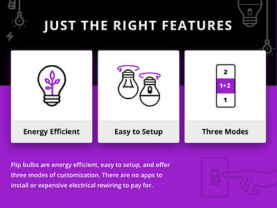 The Right Features - Flip Bulb campaign explainer icons indiegogo infographic light lightbulb purple