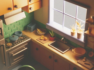 Kitchen 3d c4d cinema 4d counter food fridge hood kitchen moody oven pans plants range redshift redshift3d render sink stove tile window