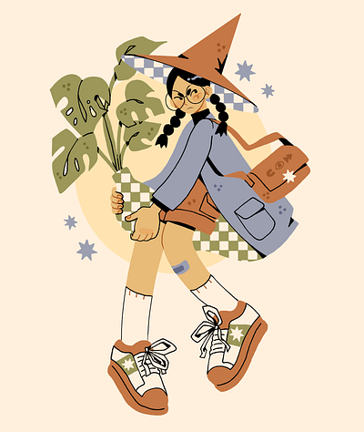 a witch and her monstera design graphic design illustration