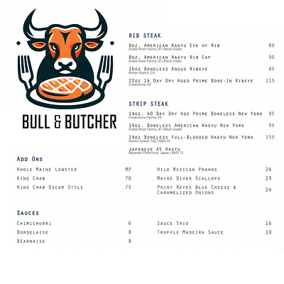Steak menu Bull & Butcher