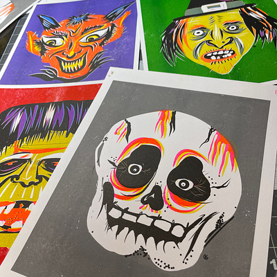 Halloween Risograph Prints ben cooper devil frankensteins monster halloween halloween design halloween point of purchase risograph skull stencil print witch