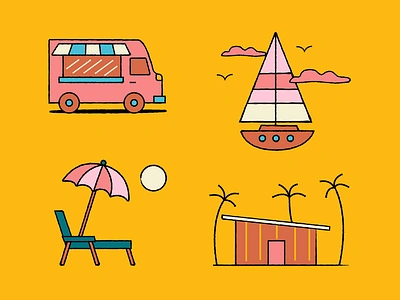 Summer at the Beach Icons beach beach chair branding california food truck icon illustration nature outdoors sailboat simple summer sun surf surf shack vector whimsical