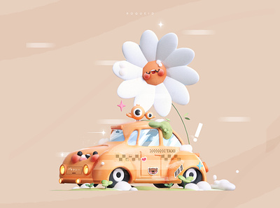 Beetle Taxi Kawaii 🚕❤️ 3d 3d art animation branding car kawaii character colors design flowers graphic design illustration kawai kawaii motion graphics taxi