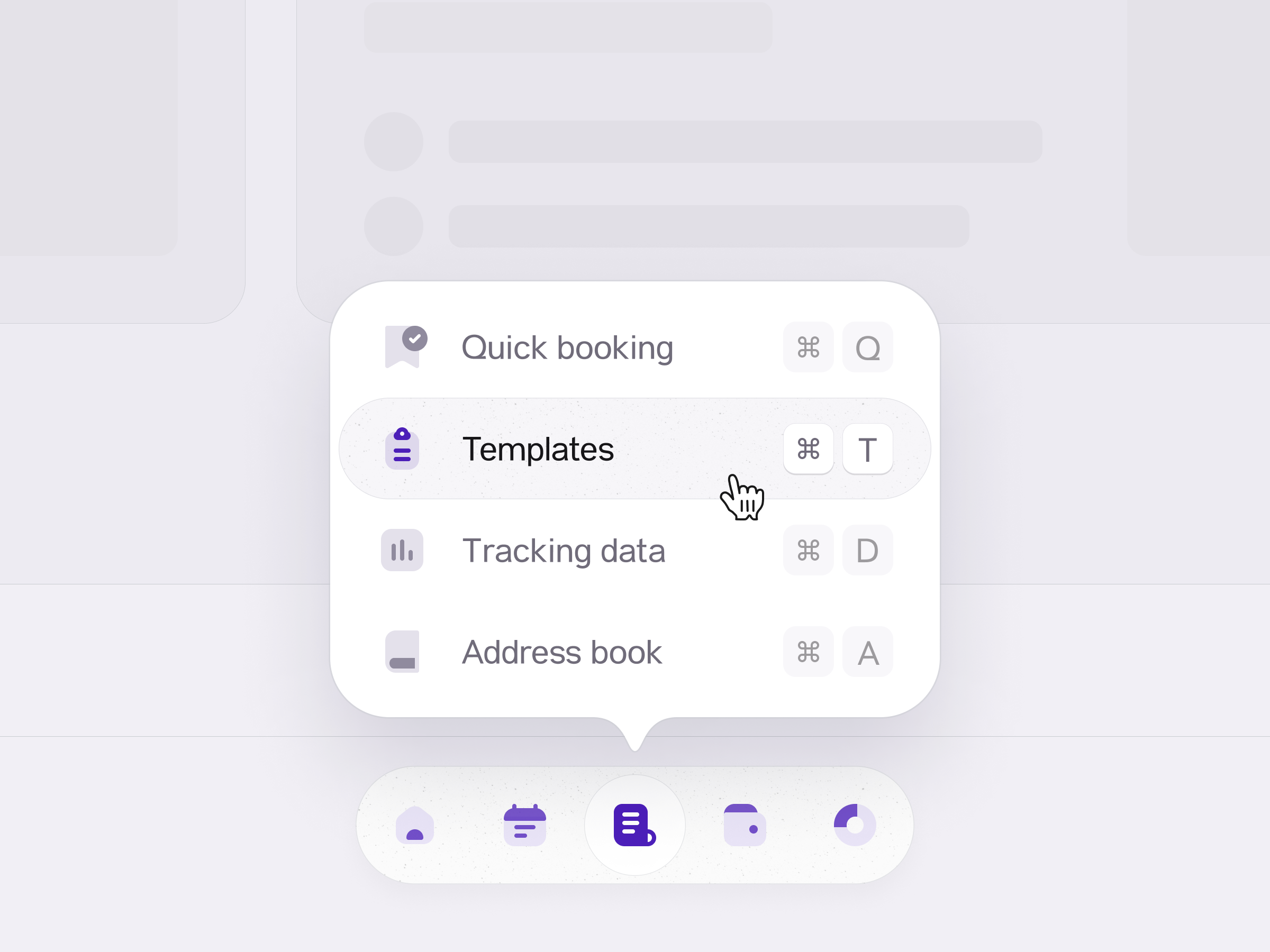 Popover concept addressbook bar booking dualtone menu popover popup shortcut template tracking uidesign uiux visual design