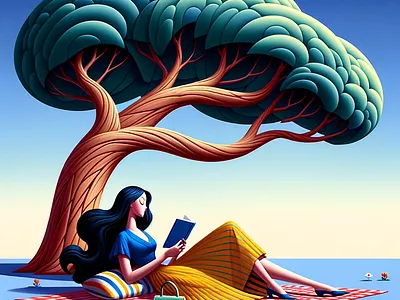 Stylized woman sitting under a large, whimsical tree art design illustration