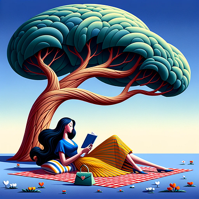 Stylized woman sitting under a large, whimsical tree art design illustration
