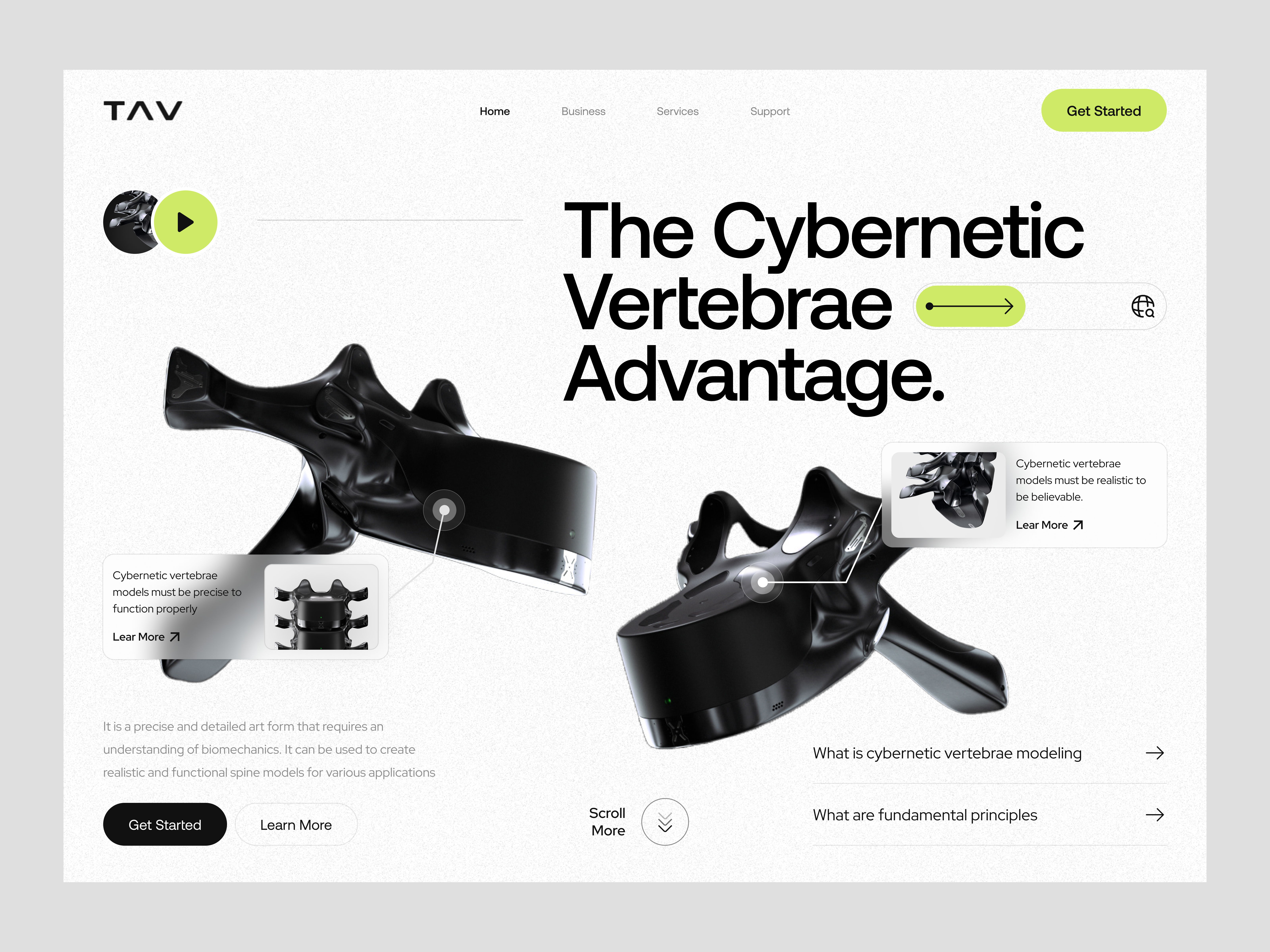 TAV - Cybernetic Vertebrae Modeling business clean clean design cyber cybernetic cybernetic landing page cybernetic website design homepage landing page minimalsm modern product ui ui design vertebrae web web design website website design