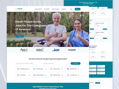 Nursing Job Portal Landing page Design 3d animation branding clean dailyui design figma graphic design homepage icon illustration inspiration landing page logo minimalist motion graphics typography ui ux web design