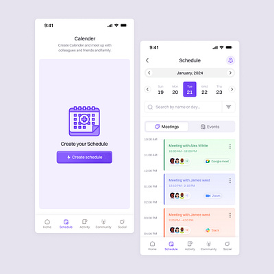 Scheduling App calender mobile mobileapp purple schedule screen ui uiux userinterface