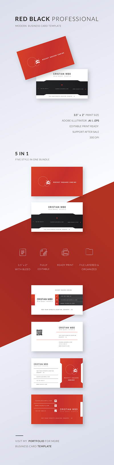 RED AND BLACK PROFESSIONAL BUSINESS CARD TEMPLATE black branding business business card business card vector business editable busness card modern card clean design design editable logo moder modern profesional qr code red template vector