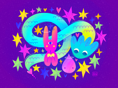 22/365 Creative colorful illustration with a snake and a rabbit animal art artist blue bunny character child childish colorful concept cute design graphic illustration kid kids rabbit snake stars violet