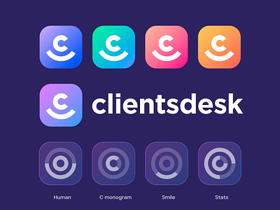 Clientsdesk logo design app c client colorfull crm customer desk friendly human icon logo management monogram office person smile stats support technology timeless