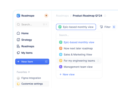 Different Roadmap Views for Different Stakeholders — Roadmape ✨ board board view hover left menu product roadmap product roadmap software product roadmap views product roadmapping software product strategy product strategy software roadmap roadmap view roadmap views sheet view sidebar stakeholder view timeline view tooltip ui views